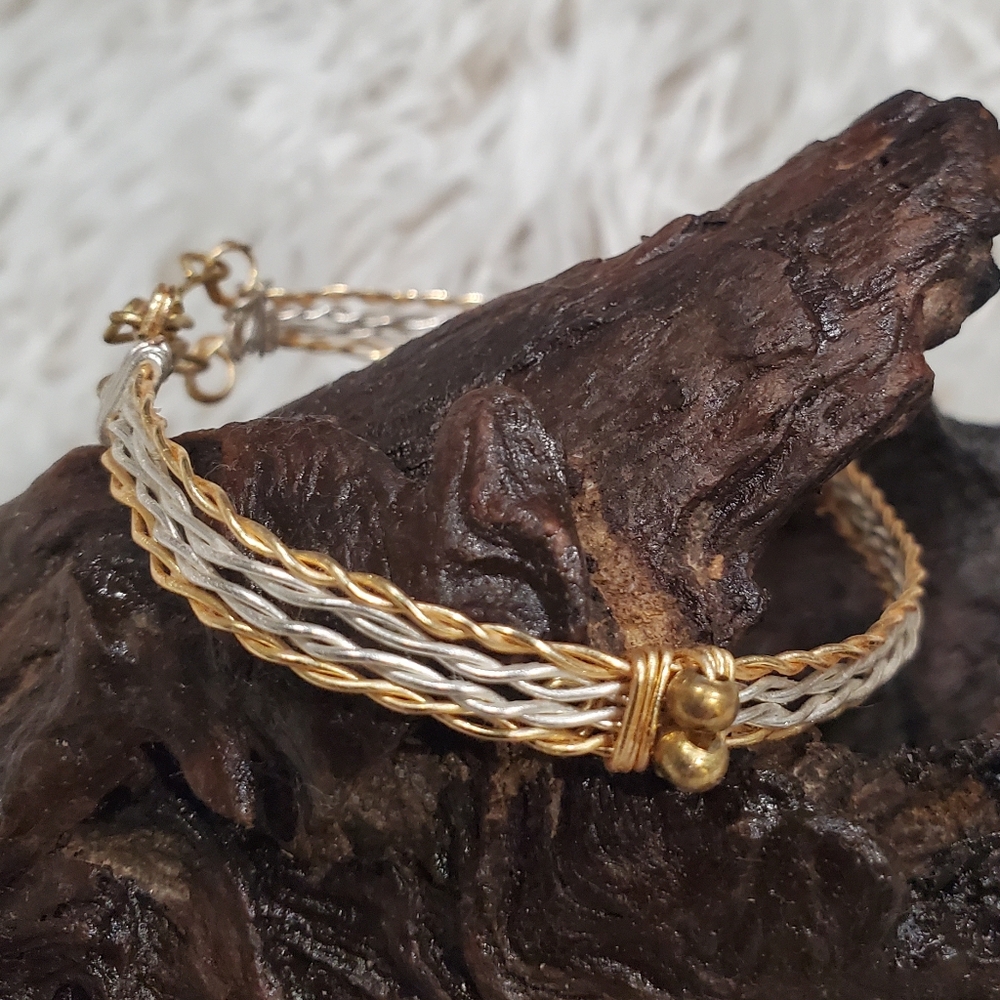Two-Tone Wirewrapped Bracelet - Gold and Silver Wire Bangle - Stackable Bracelet